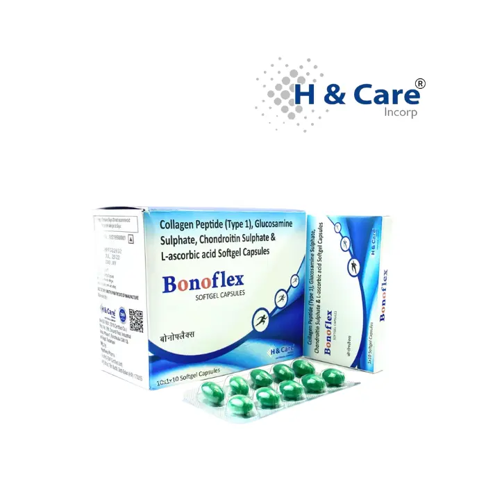 Bonoflex softgel cap: COLLAGEN PEPTIDE + GLUCOSAMINE SULPHATE + CHONDROITIN SULPHATE + L-ASCORBIC ACID: For Joint Flexibility and Inflammation